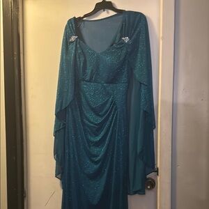 R & M Richards Blue Ruched Long Sleeve Gown